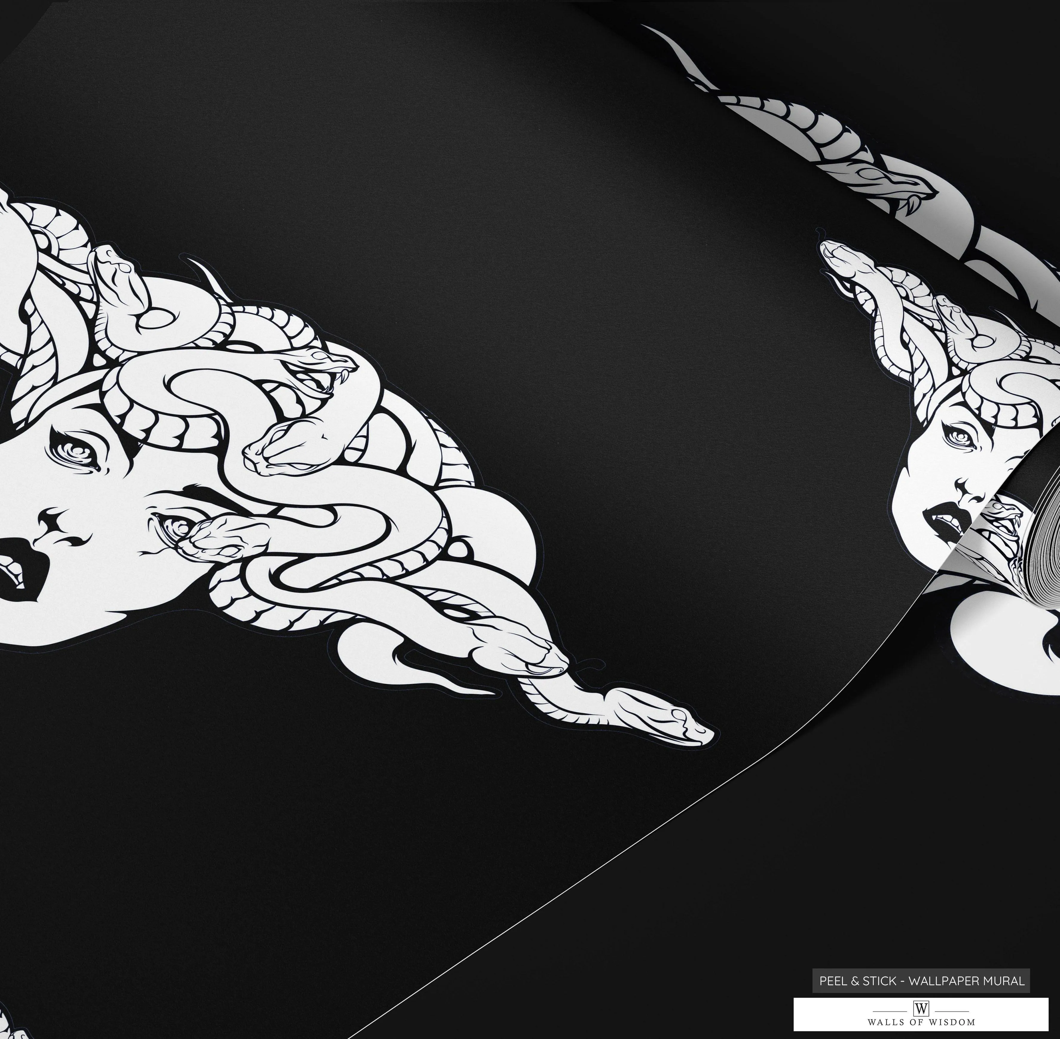 White Medusa Peel & Stick Wallpaper: Black Background - Best Witchy Feminine Decor"