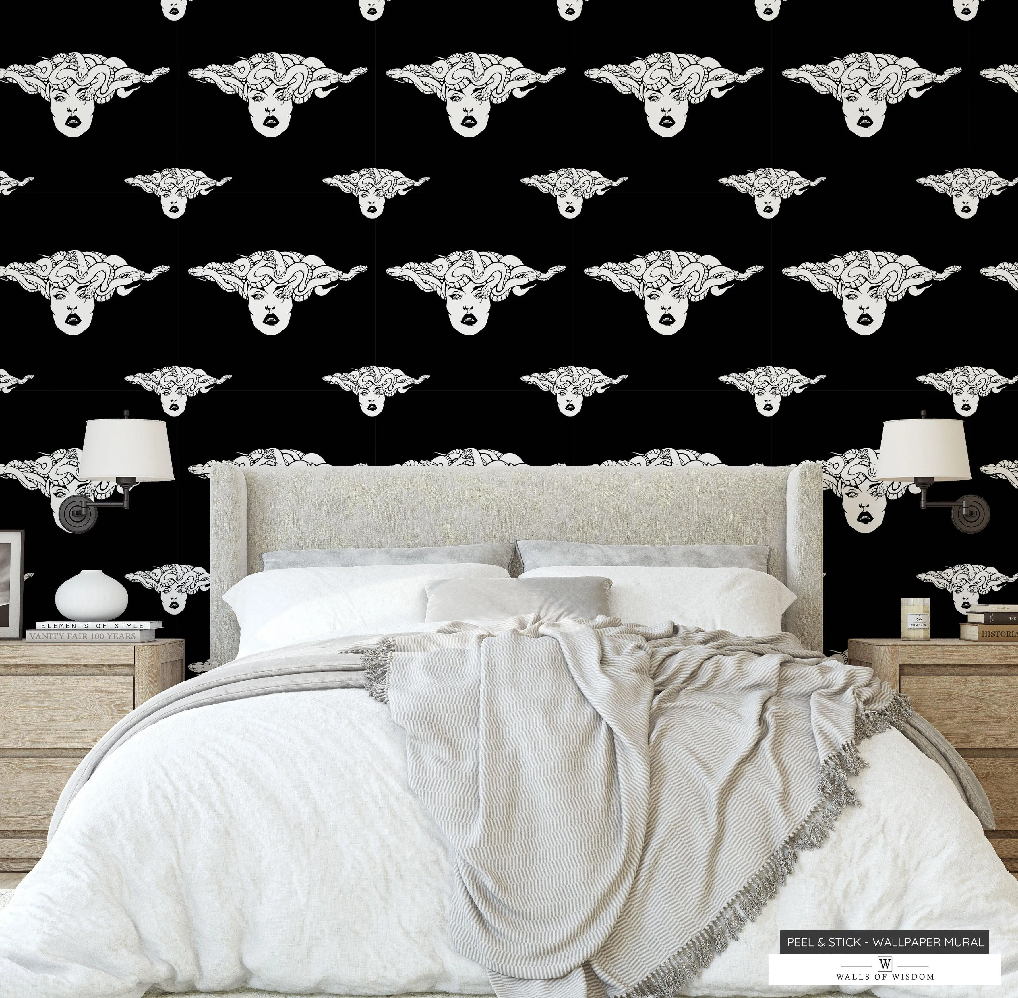 White Medusa Peel & Stick Wallpaper: Black Background - Best Witchy Feminine Decor"