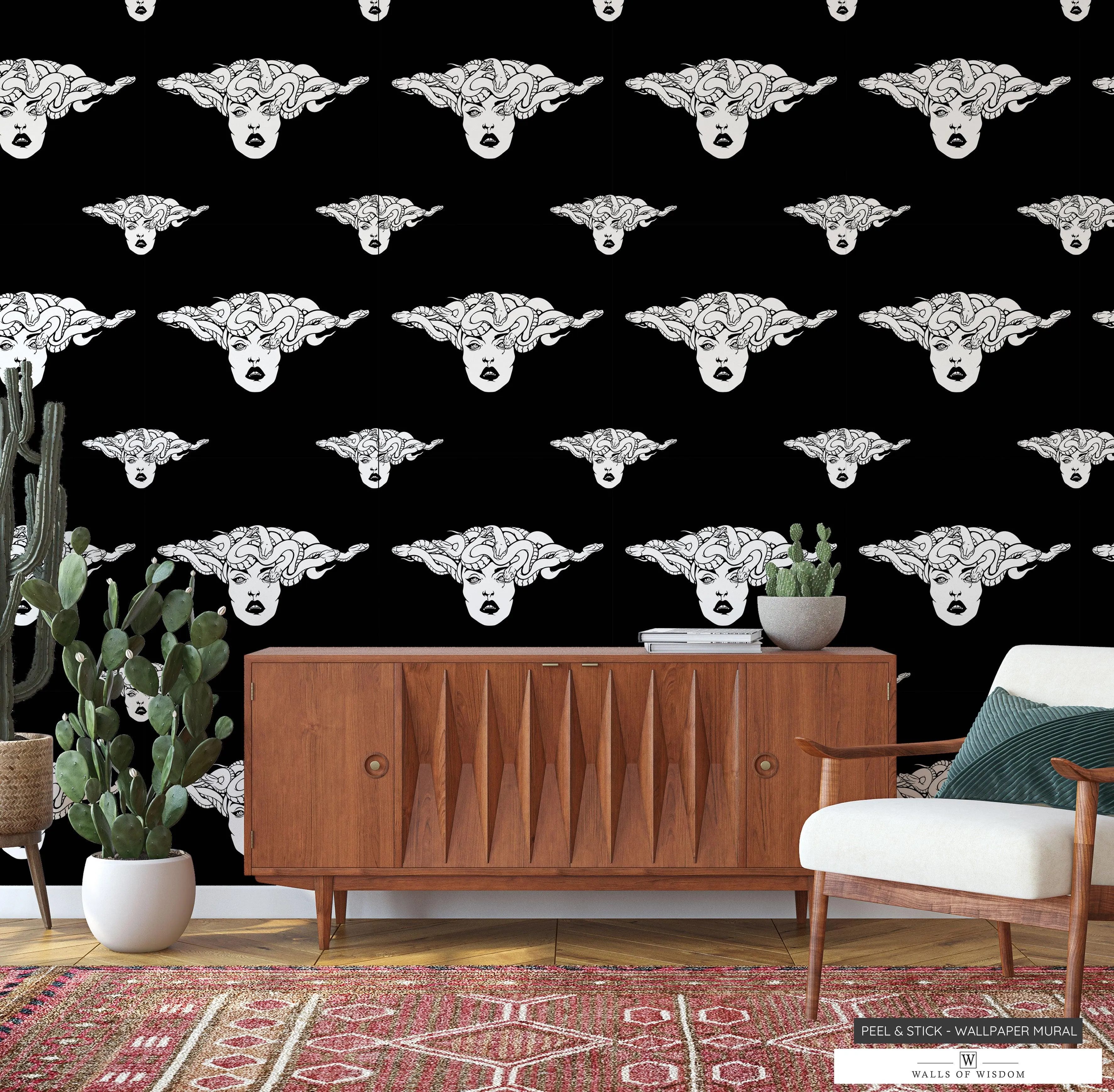 White Medusa Peel & Stick Wallpaper: Black Background - Best Witchy Feminine Decor"